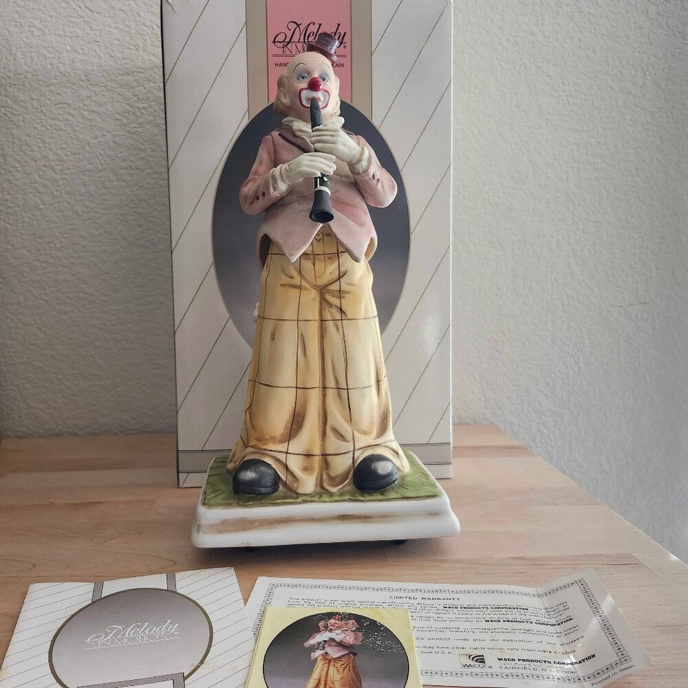 12" Vintage Melody in Motion Clarinet Clown w/Box - Plays Music but Needs Repair